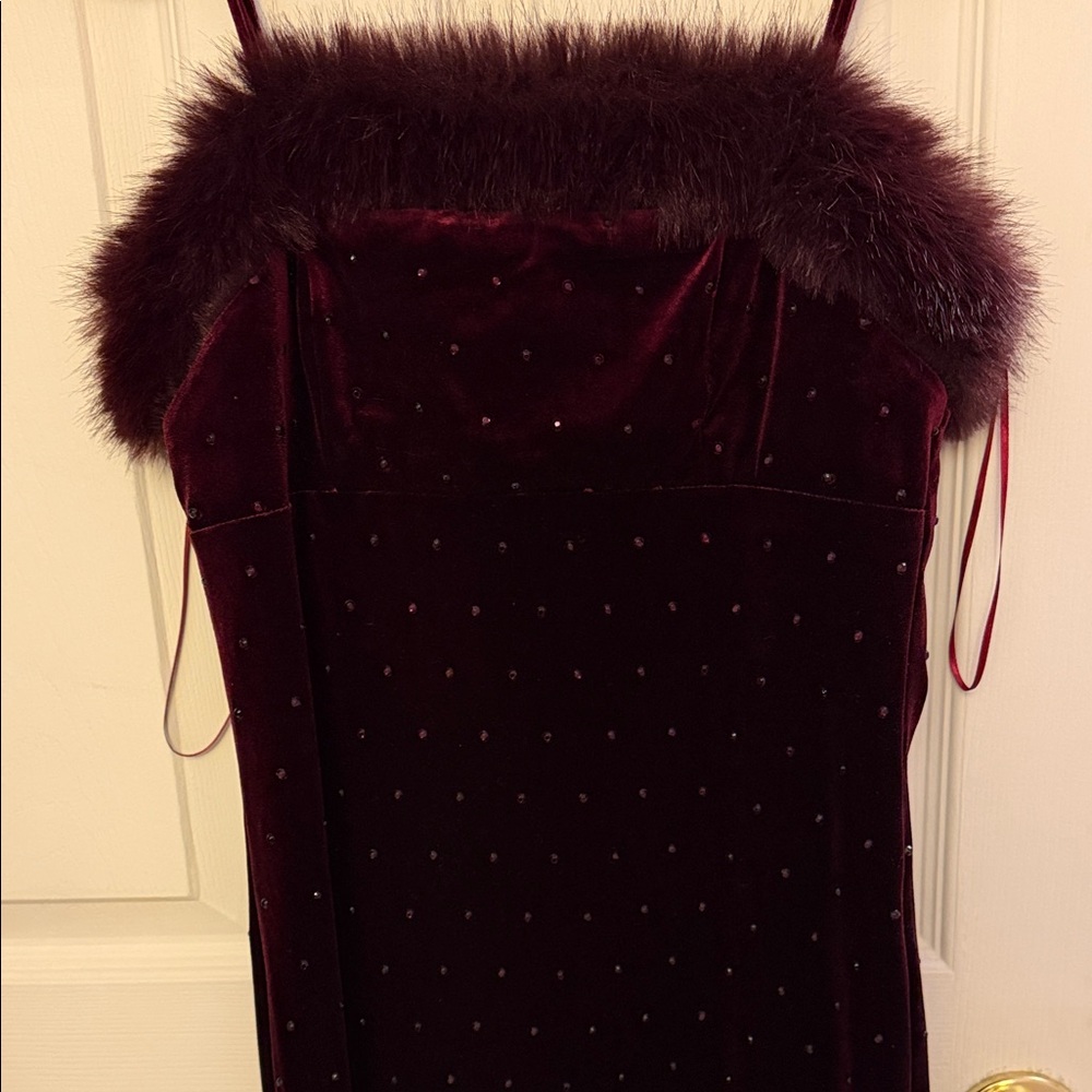 Zara Burgundy Strapless Dress with Fur Detail